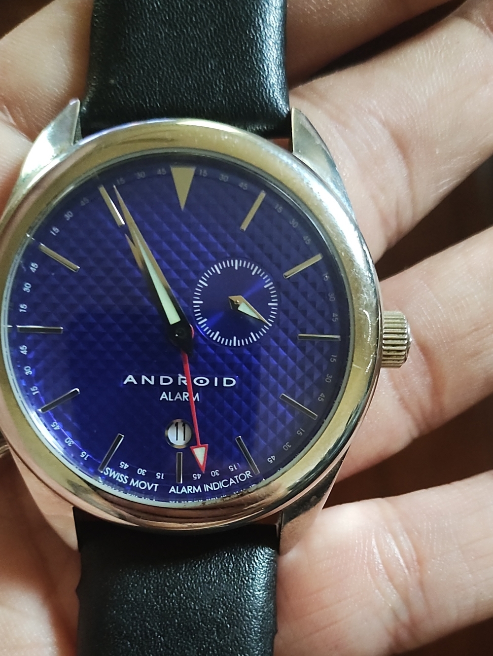 Android Men's Blue Dial Leather Strap Alarm Watch